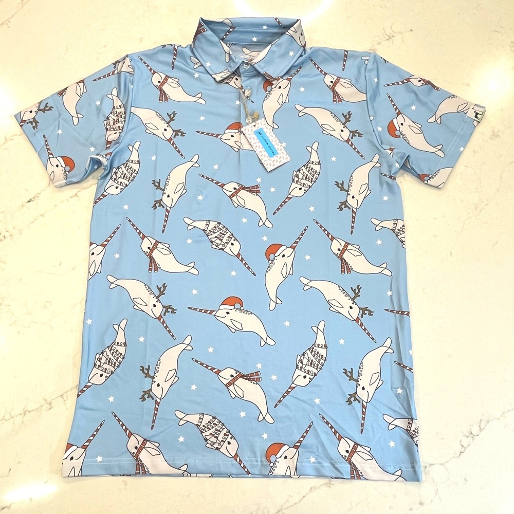 Proud 90 NEW Golf Polo Mens Small Blue Christmas Narwhal Holiday Party Shirt
